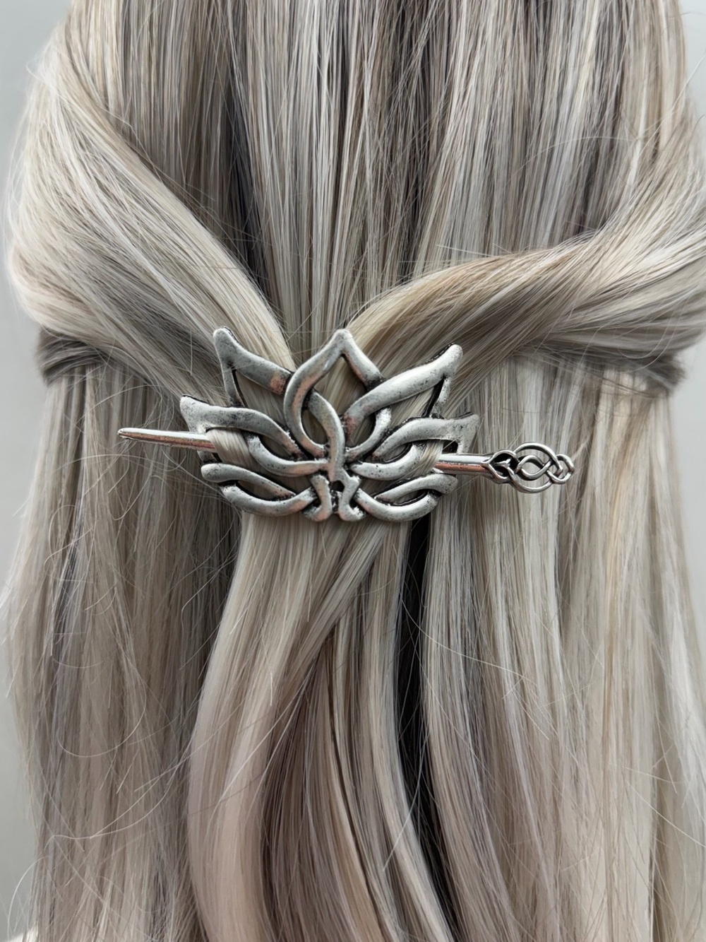 Silver Lotus Flower Hair Slide Hair Stick Barrette Boho Celtic Hair Accessory